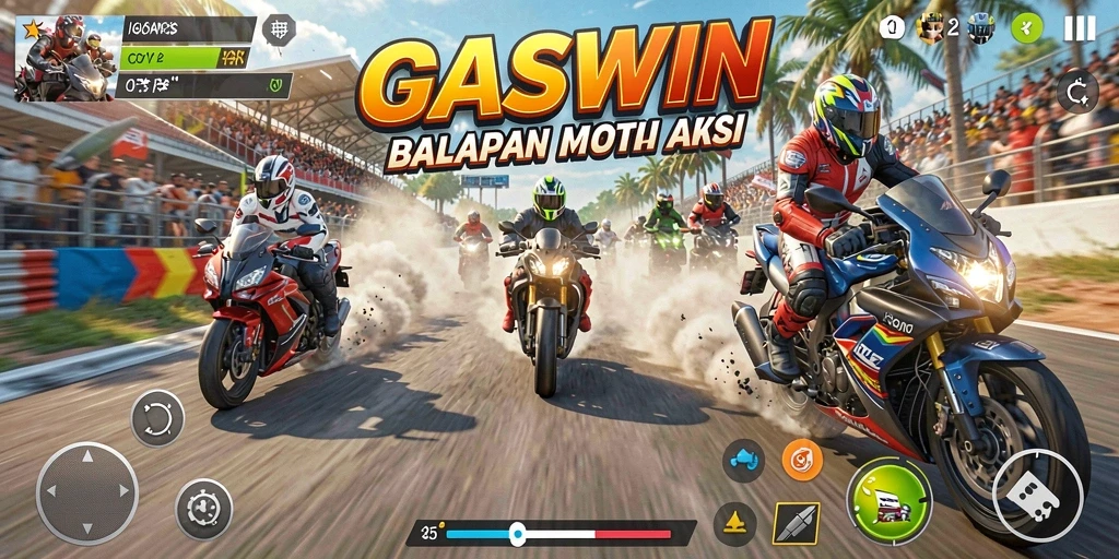 Screenshot GASWIN menampilkan aksi balapan motor yang seru dan mendebarkan.