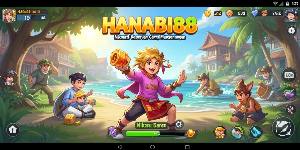 Tangkapan layar gameplay HANABI88 menampilkan karakter lucu dan dunia yang ceria.