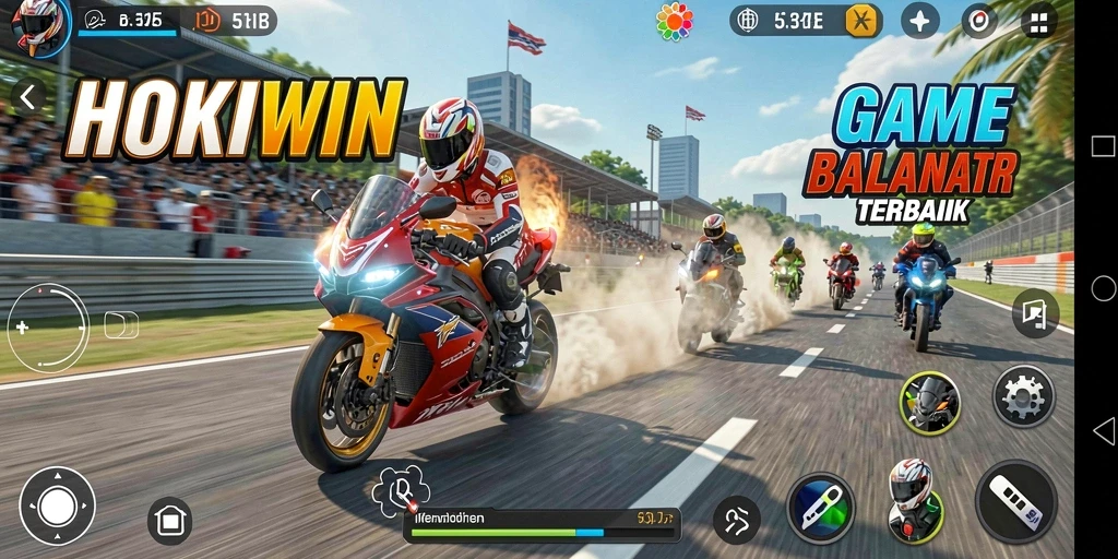 Tampilan gameplay seru HOKIWIN dalam balapan motor.