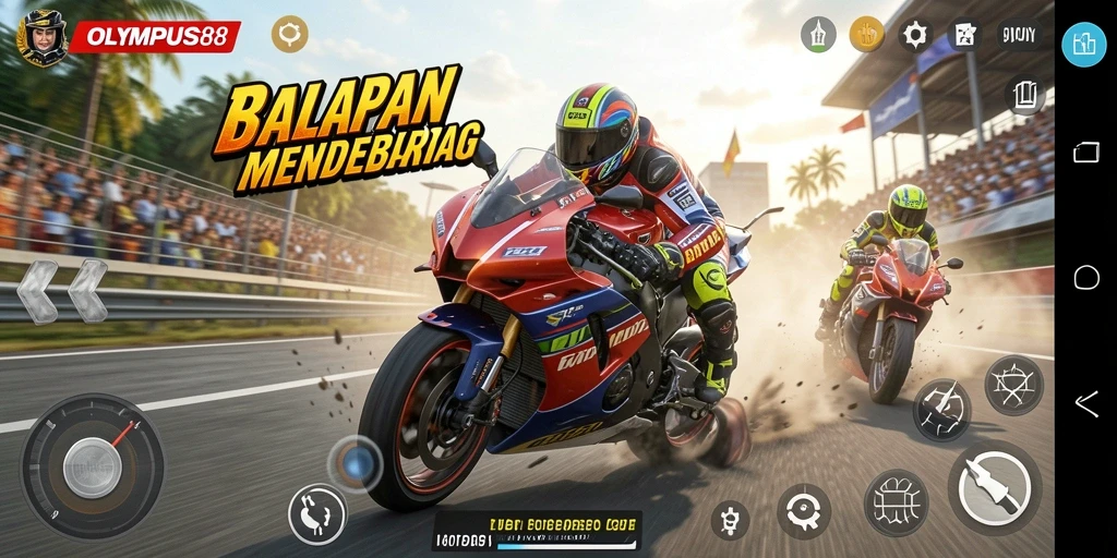 Screenshot OLYMPUS88 menampilkan aksi balapan motor yang mendebarkan.