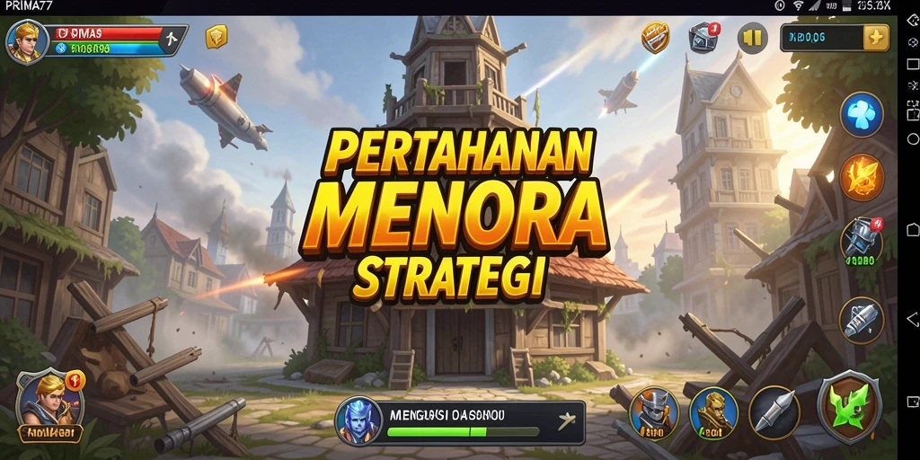 Tampilan gameplay <strong>PRIMA77</strong> dengan menara pertahanan yang strategis.