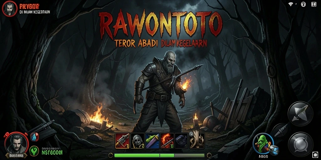Tampilan menegangkan gameplay RAWONTOTO di dunia kegelapan.