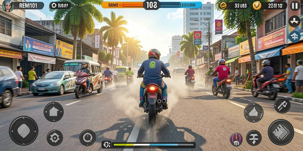 Screenshot gameplay <strong>REMI101</strong> menampilkan balapan motor yang cepat dan menegangkan.