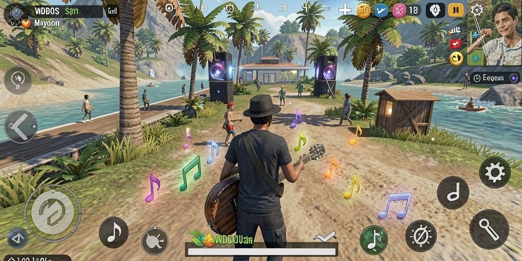 Tampilan gameplay WDBOS yang menampilkan alat musik interaktif.